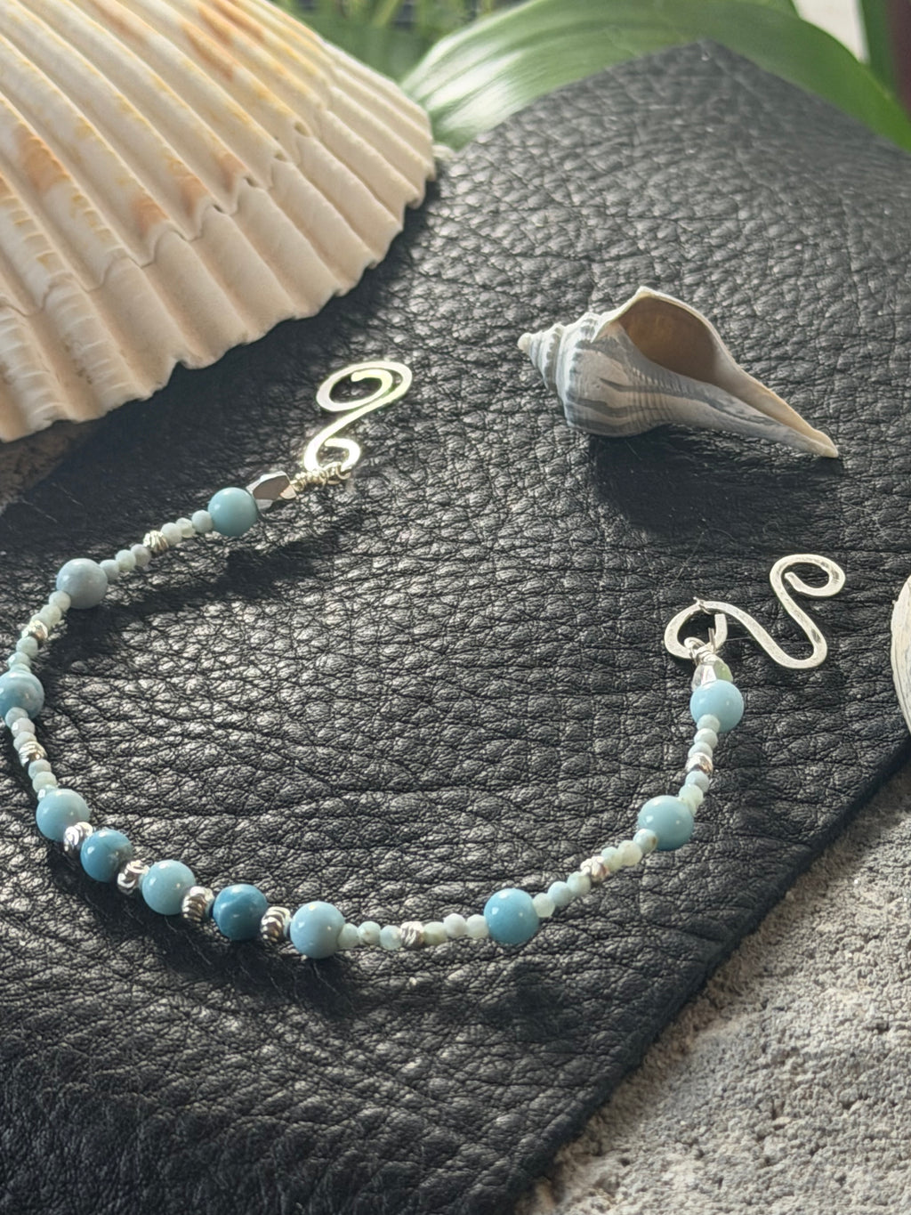 Caribbean Cool – Hand-Forged Silver Dainty Graduated Larimar Suite
