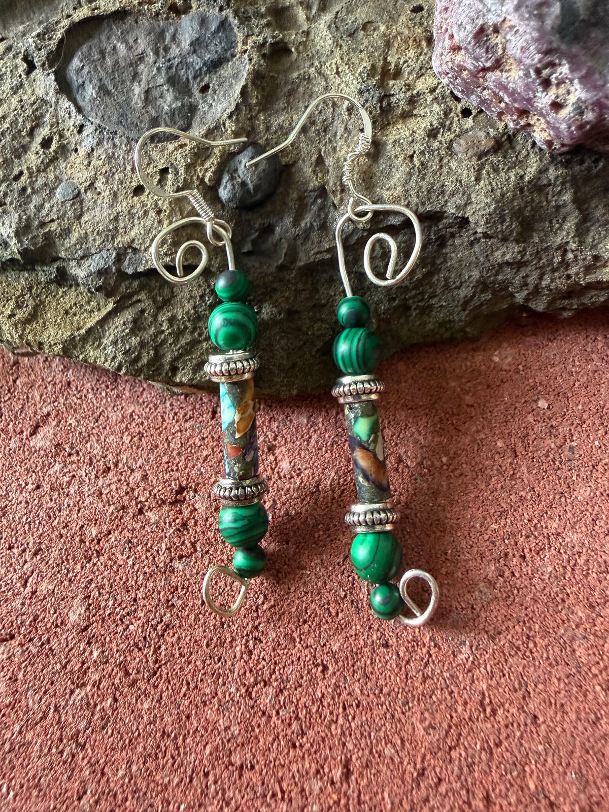 Forest Canopy – Hand-Forged Silver Earth Jasper & Malachite Horizon Set