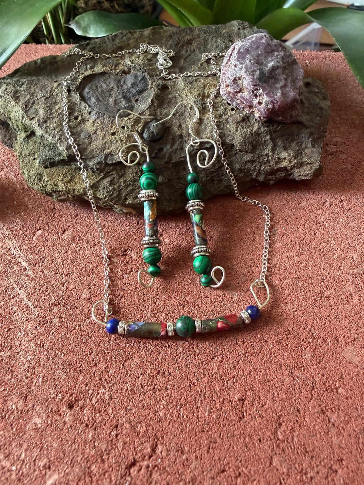 Forest Canopy – Hand-Forged Silver Earth Jasper & Malachite Horizon Set