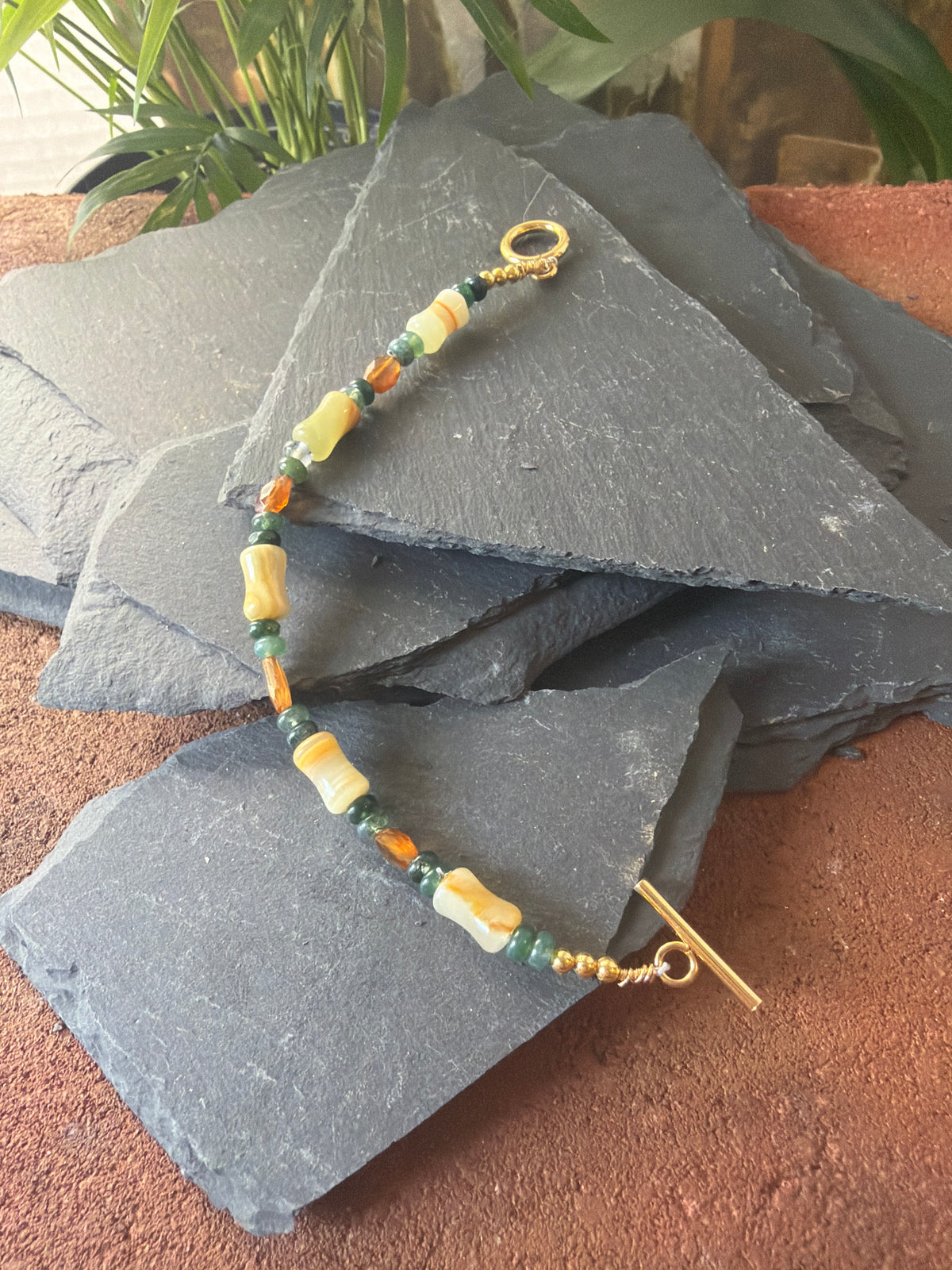 The Celebration Suite – Hand-Forged 14k Gold Autumn Calcite, Garnet, & Moss Agate Set