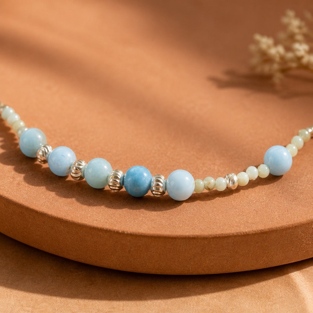 Caribbean Cool – Hand-Forged Silver Dainty Graduated Larimar Suite