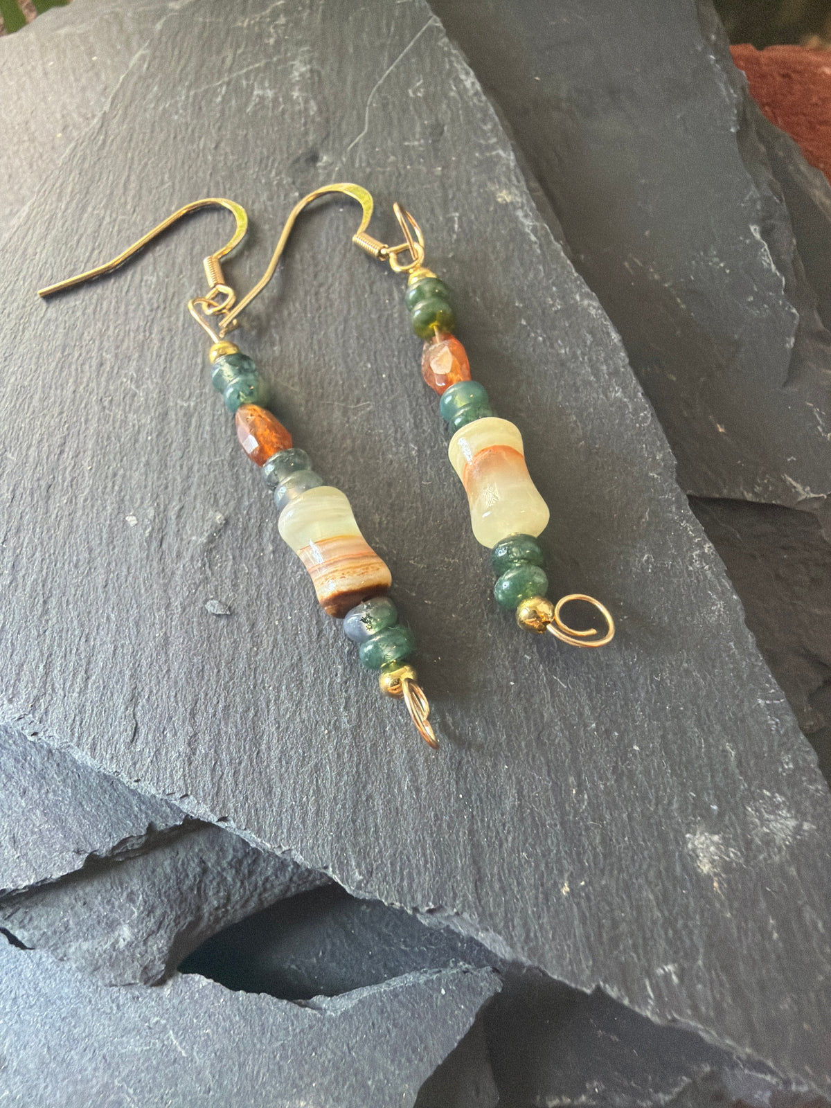The Celebration Suite – Hand-Forged 14k Gold Autumn Calcite, Garnet, & Moss Agate Set