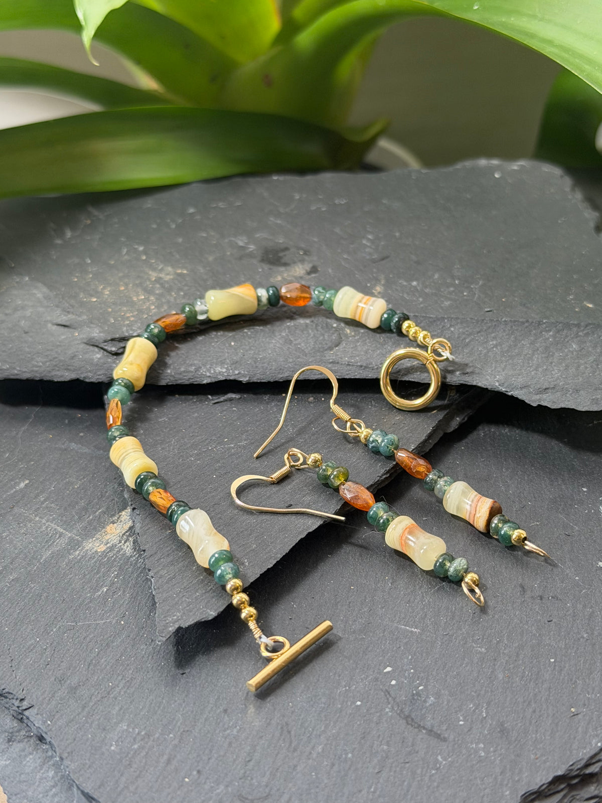 The Celebration Suite – Hand-Forged 14k Gold Autumn Calcite, Garnet, & Moss Agate Set