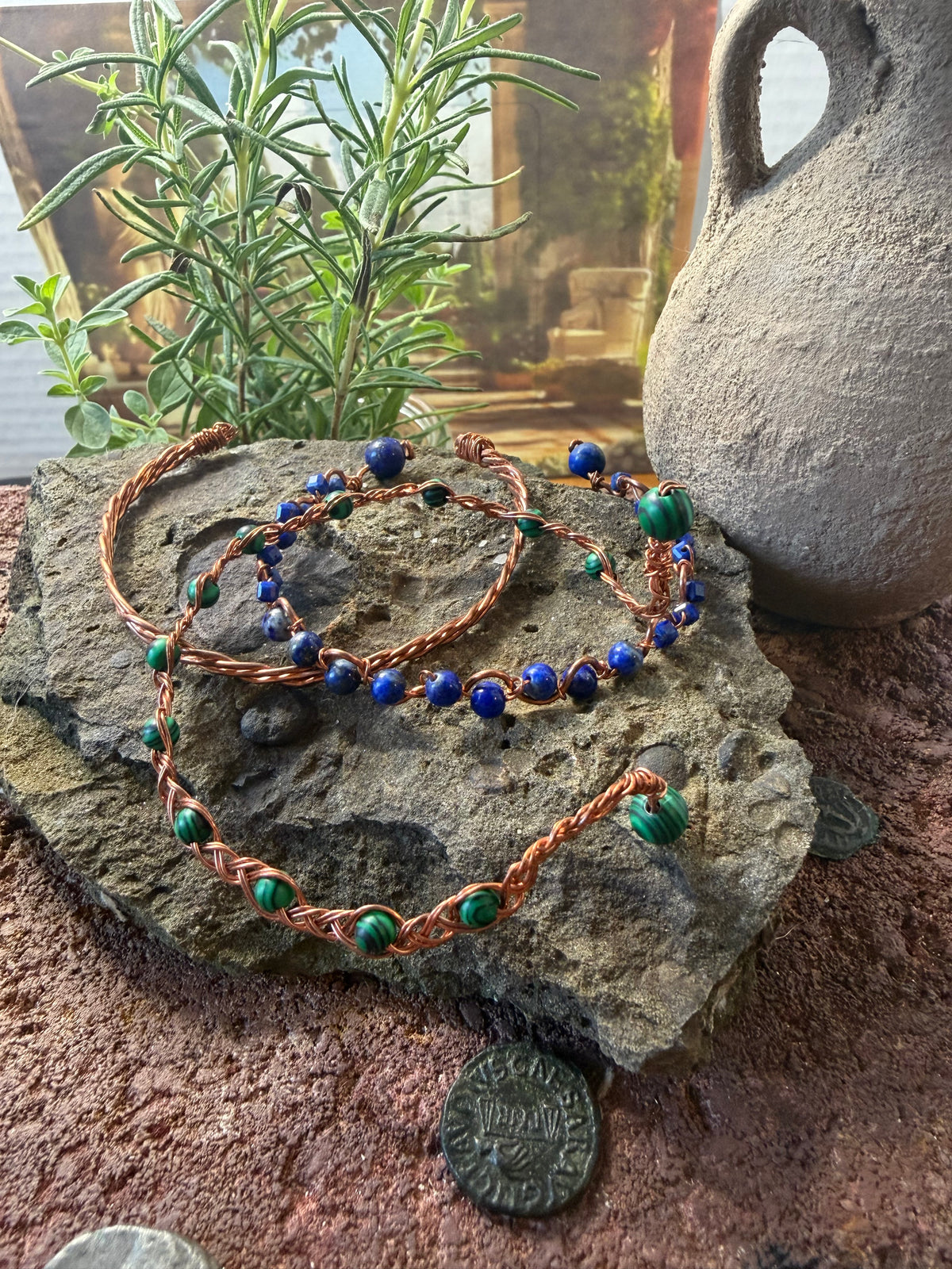 Forest Canopy – Hand-Braided Copper Malachite & Lapis 3-Piece Stack