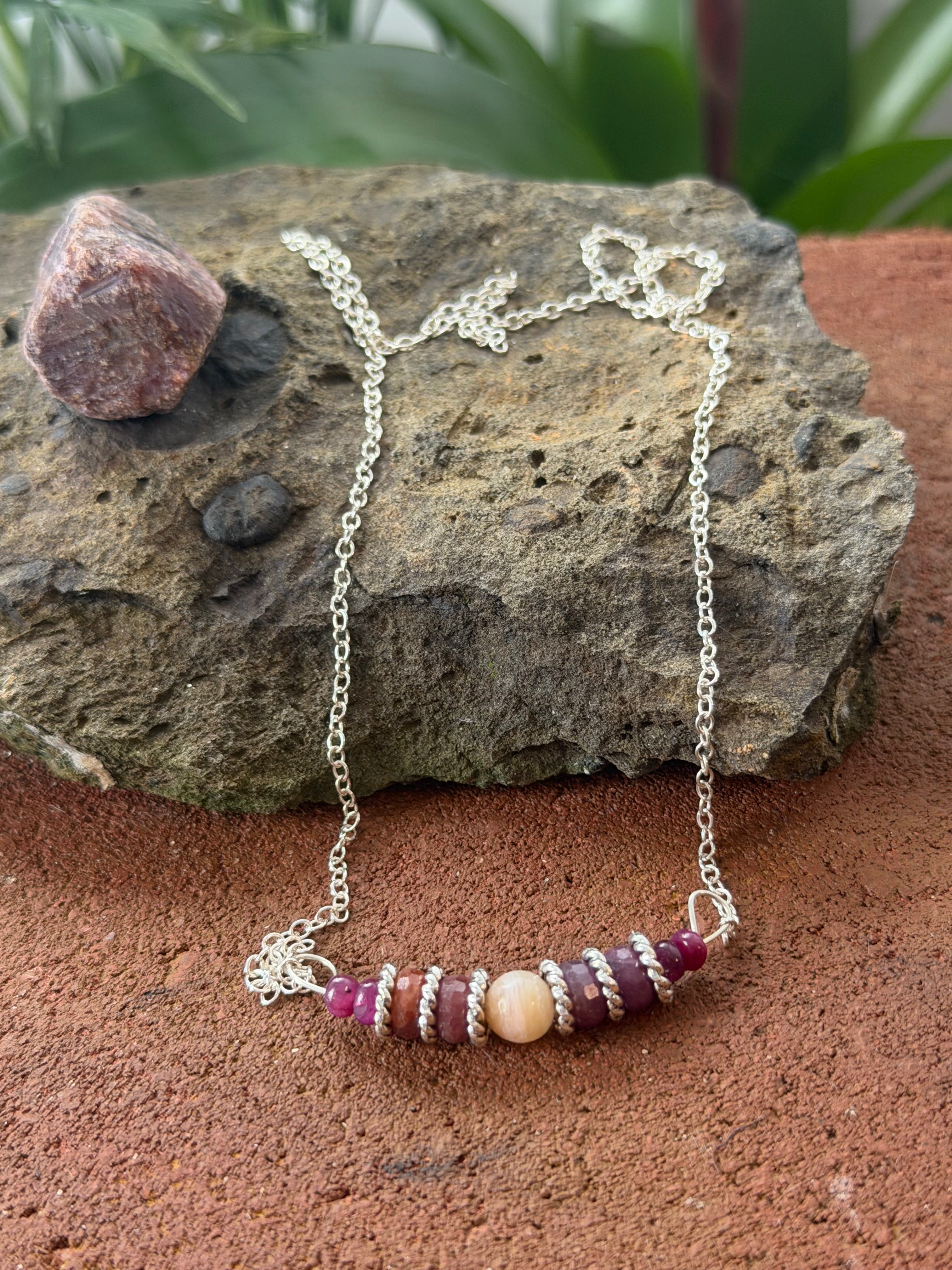Handcrafted Ruby Bar Necklace with Peruvian Opal