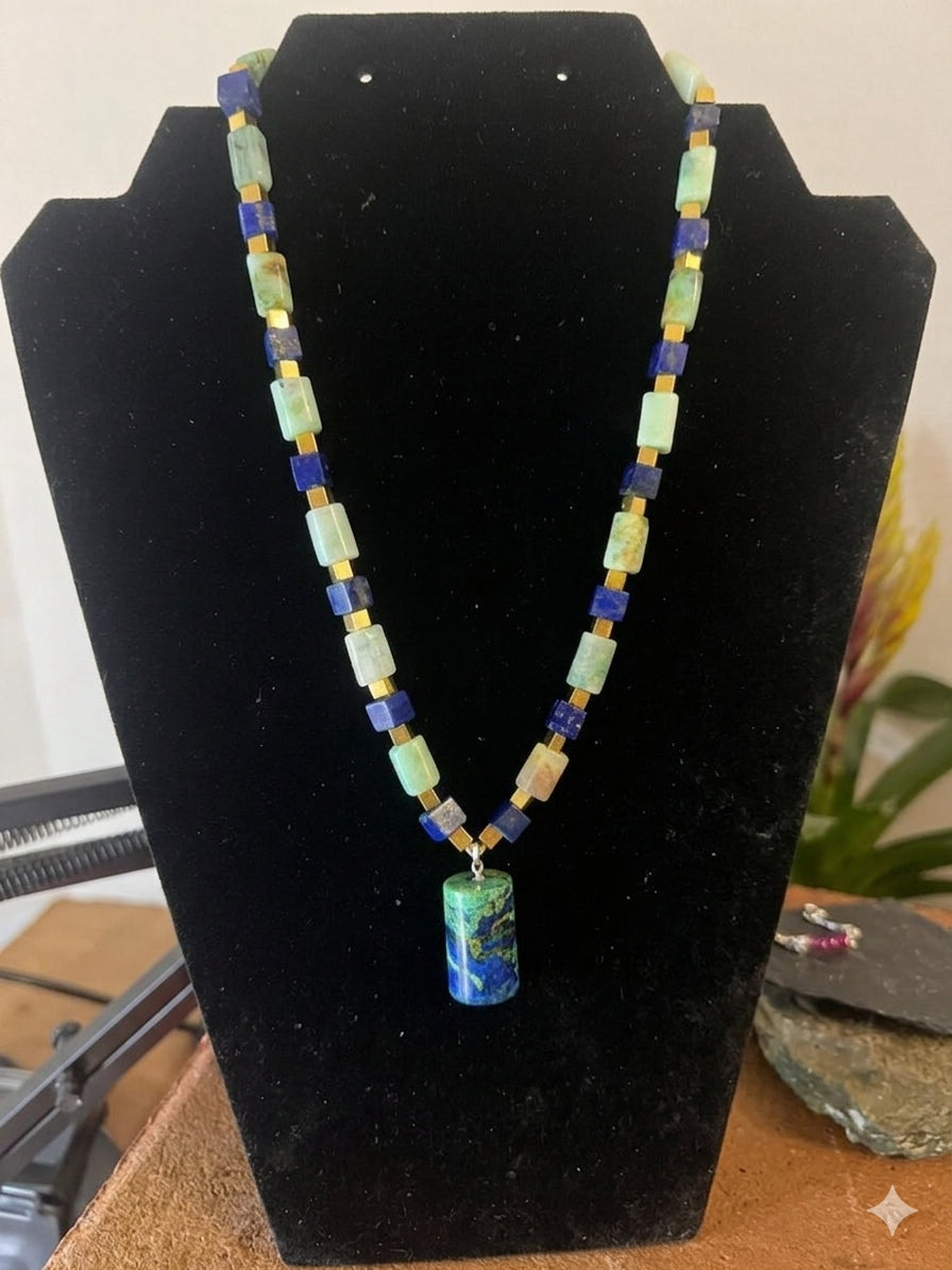 Forest Canopy – 18k Gold Plated Azurite & Chrysocolla and Lapis Lazuli  Statement Necklace and Earrings