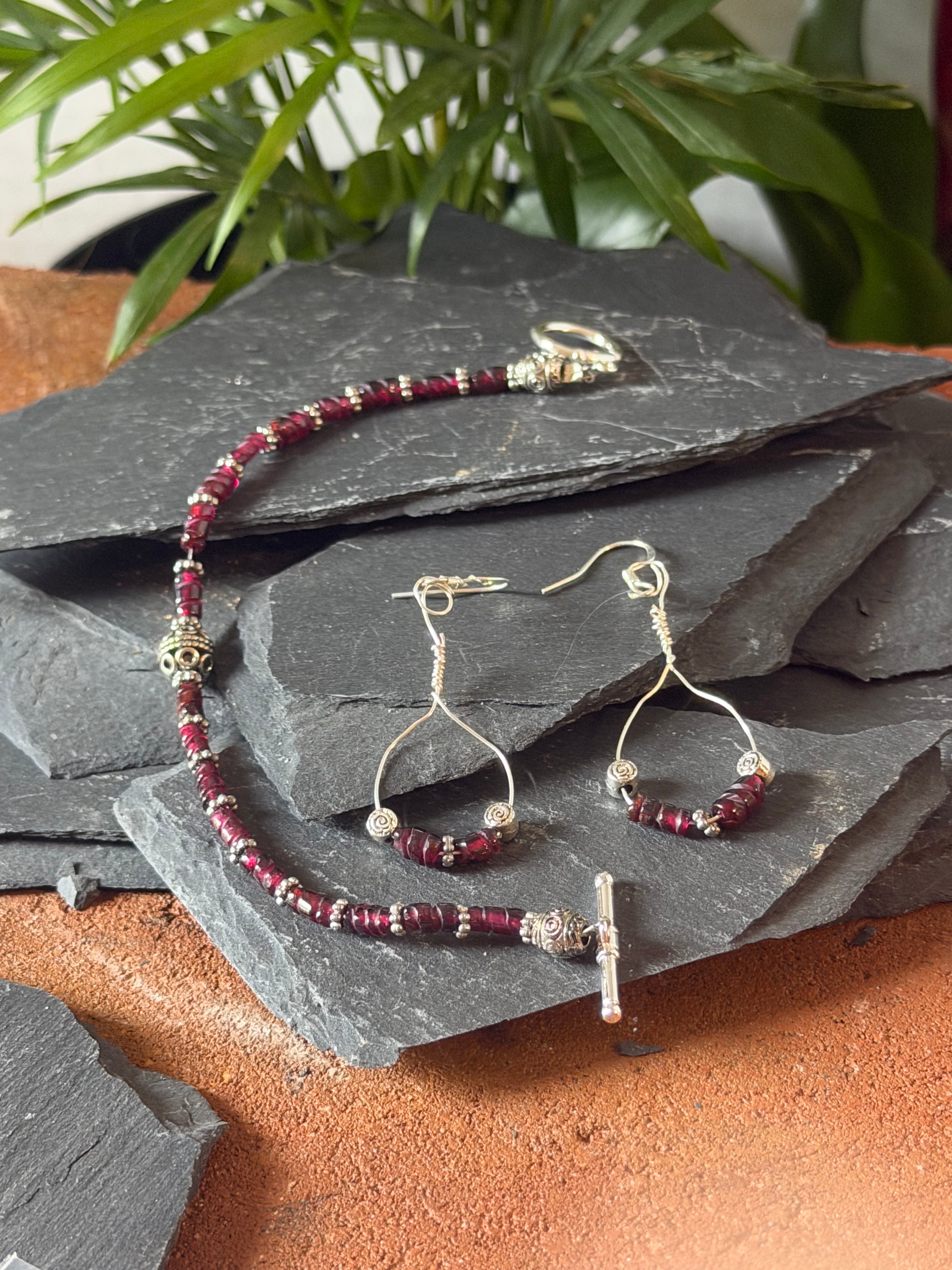 Ancient Vine Carved Garnet & Tibetan Silver Set